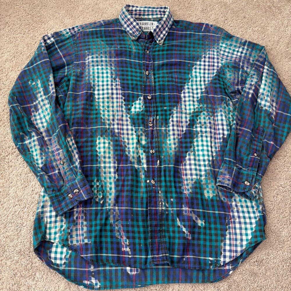Franklin Flannels Shirt Mens L Blue Plaid Upcycled Distressed Grunge 90s Cabin